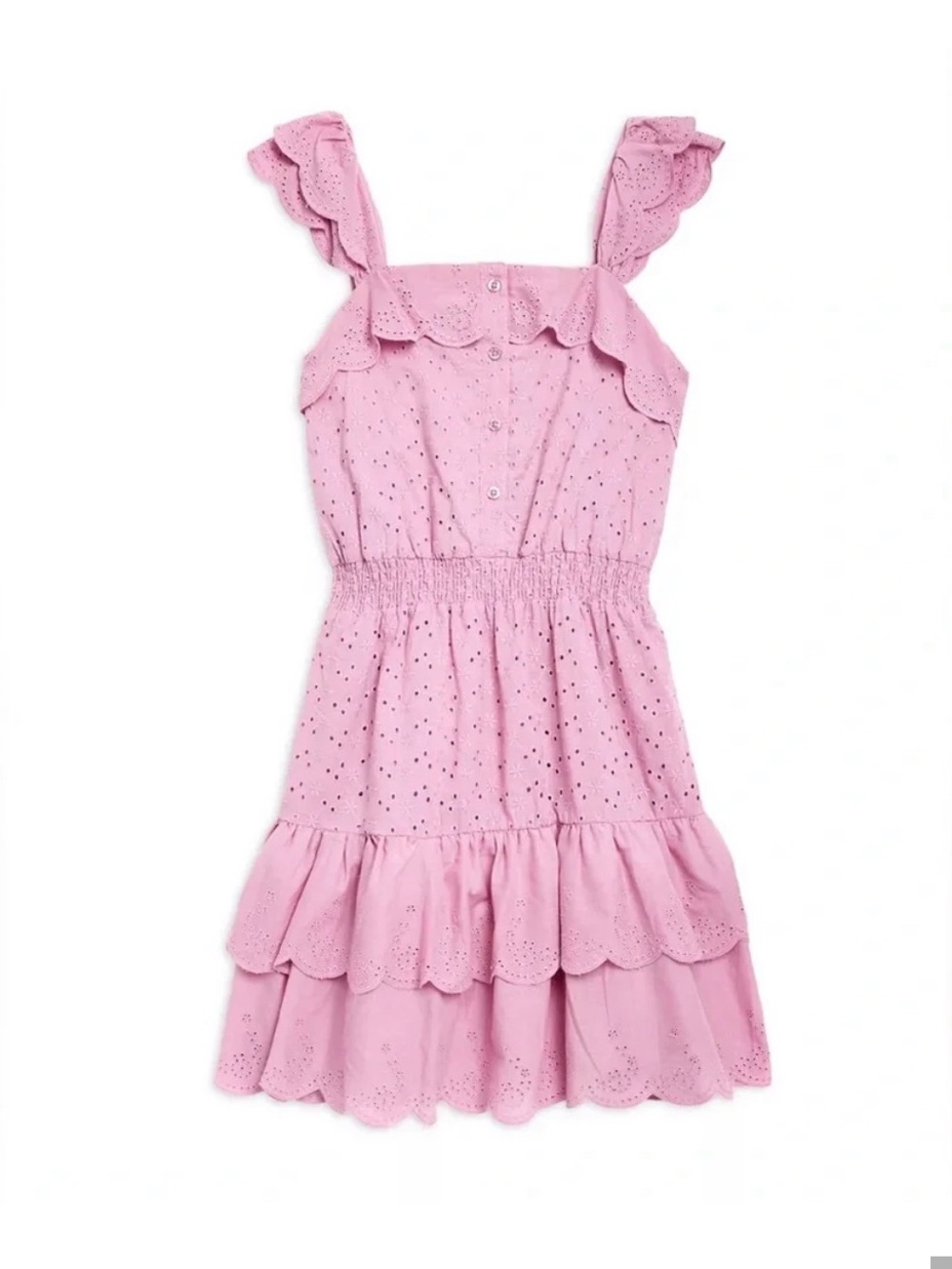 BCBG Girls Pink Eyelet Embroidered Tiered Ruffle Dress โ Size 8